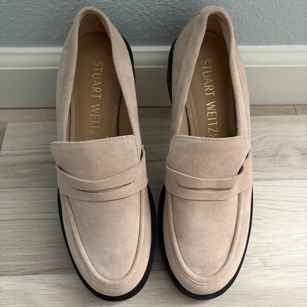 Stuart Weitzman Palmer Beige Suede Penny Loafers Lug Sole Shoes Womens - Picture 2 of 16